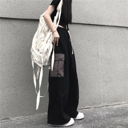 High Waist Two Tone Wide Leg Cargo Pants