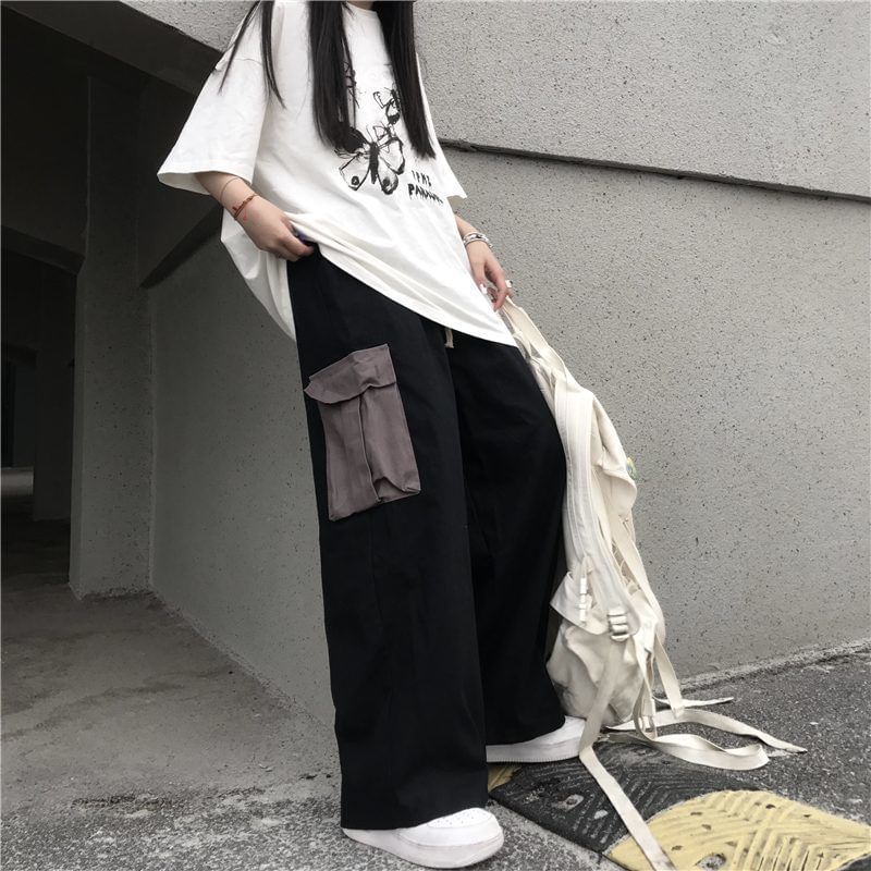 High Waist Two Tone Wide Leg Cargo Pants