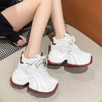 Hidden Wedge Mesh Panel Lace-Up Faux Leather Sneakers