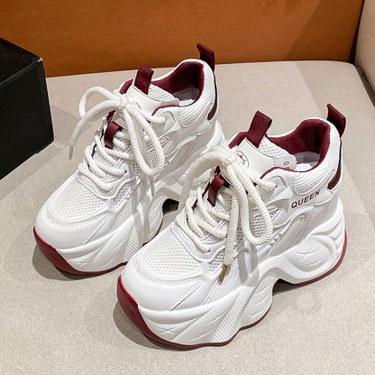 Hidden Wedge Mesh Panel Lace-Up Faux Leather Sneakers