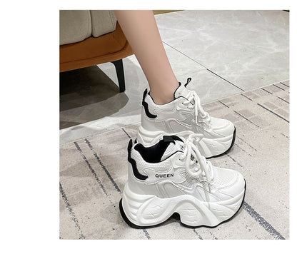 Hidden Wedge Mesh Panel Lace-Up Faux Leather Sneakers