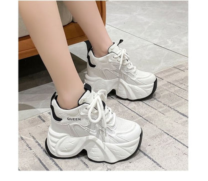 Hidden Wedge Mesh Panel Lace-Up Faux Leather Sneakers