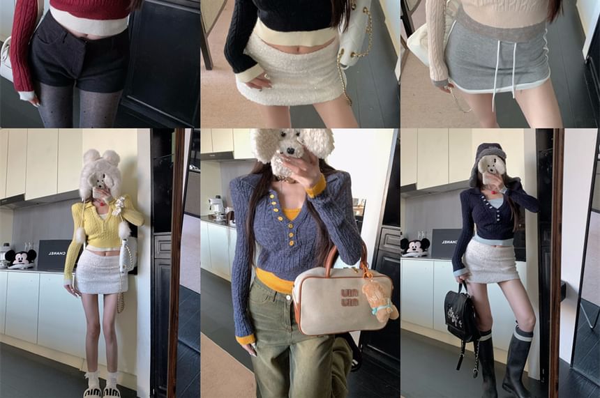 Collar Two Tone Cable-Knit Mock Two-Piece Cropped Sweater