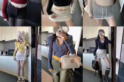 Collar Two Tone Cable-Knit Mock Two-Piece Cropped Sweater