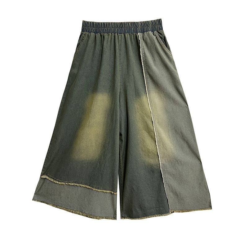 Elastic Waist Patchwork Fringed Washed Denim Culottes