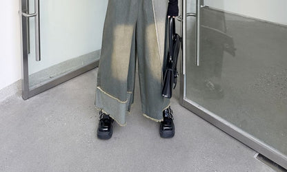 Elastic Waist Patchwork Fringed Washed Denim Culottes