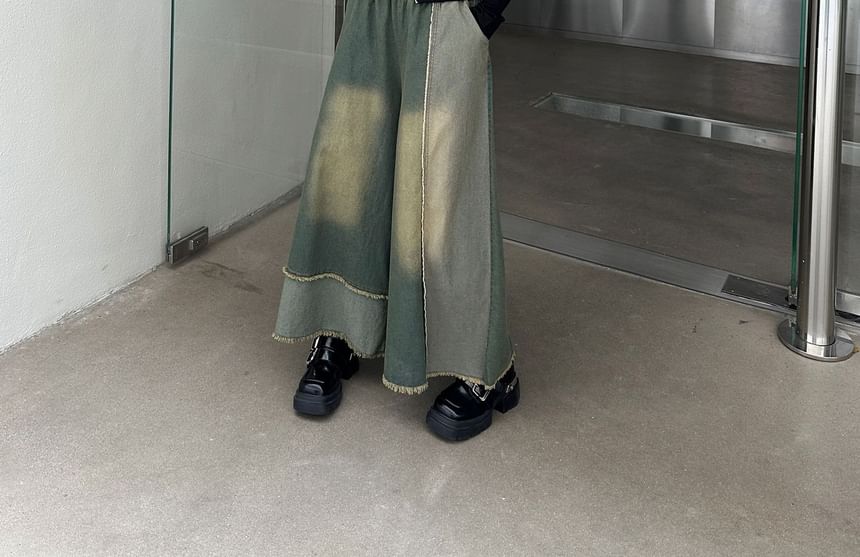 Elastic Waist Patchwork Fringed Washed Denim Culottes