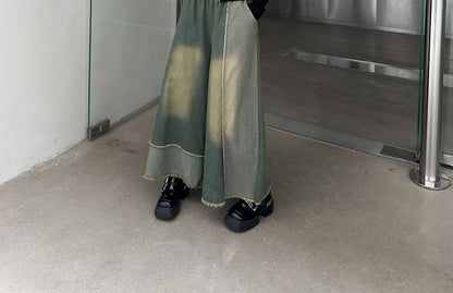 Elastic Waist Patchwork Fringed Washed Denim Culottes
