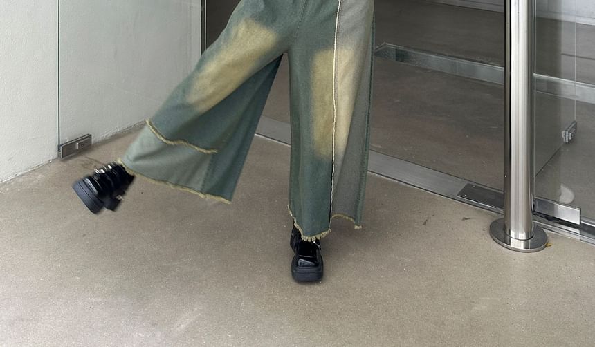 Elastic Waist Patchwork Fringed Washed Denim Culottes