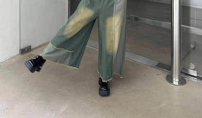 Elastic Waist Patchwork Fringed Washed Denim Culottes