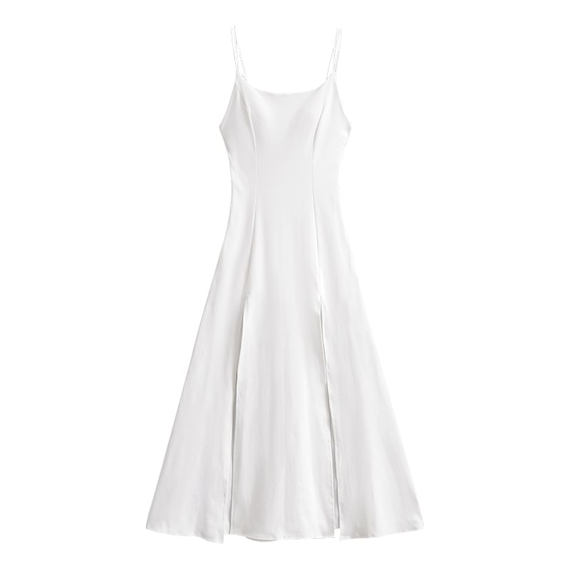 Thin Strap Solid Padded Side-Slit Maxi A-Line Gown