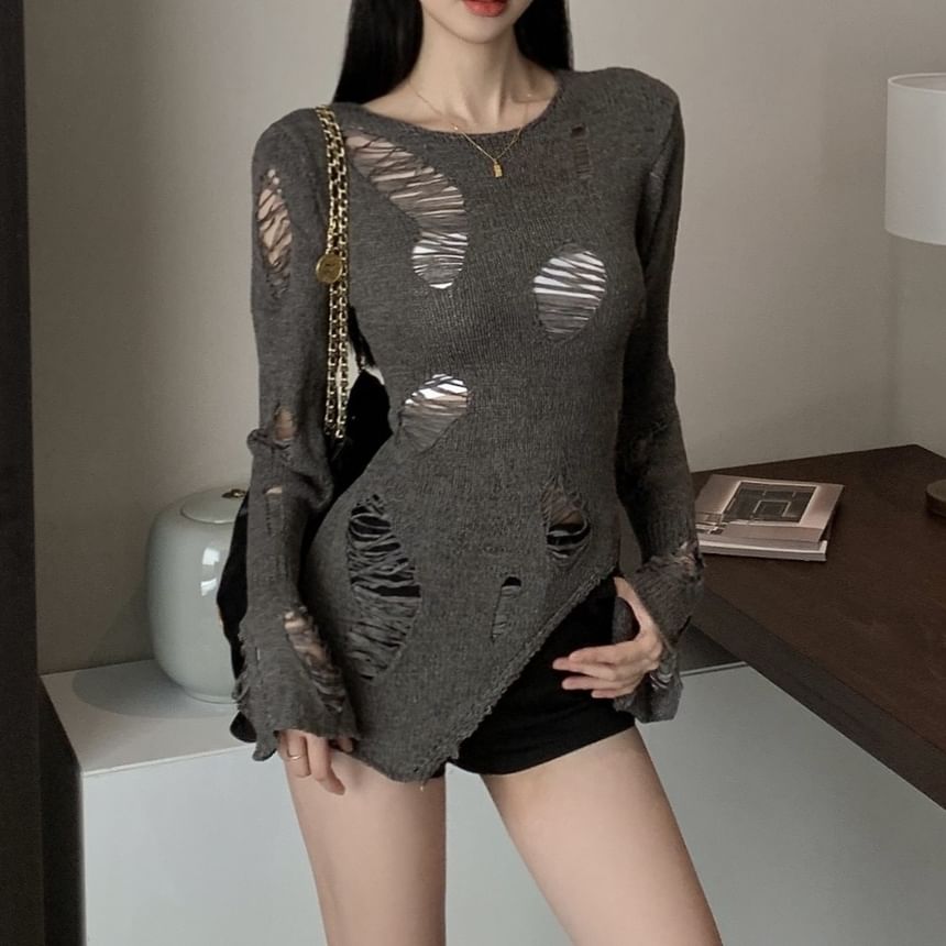 Long Sleeve Crew Neck Plain Distressed Knit Top