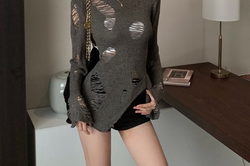 Long Sleeve Crew Neck Plain Distressed Knit Top