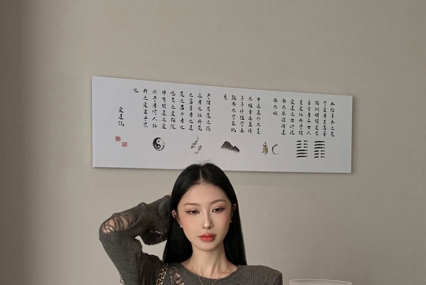 Long Sleeve Crew Neck Plain Distressed Knit Top