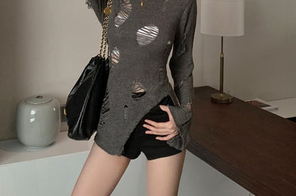 Long Sleeve Crew Neck Plain Distressed Knit Top