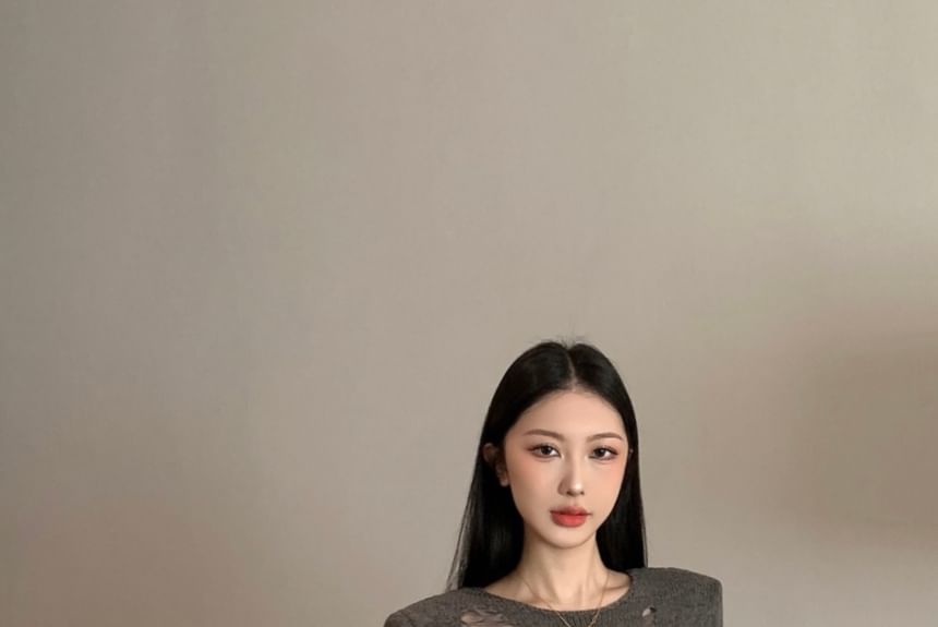 Long Sleeve Crew Neck Plain Distressed Knit Top