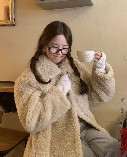 Collared Fluffy Button-Up Plain Jacket