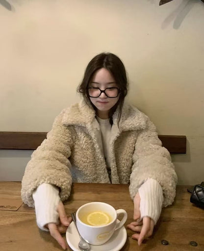 Collared Fluffy Button-Up Plain Jacket