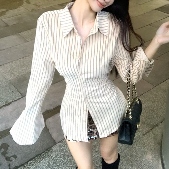 Long-Sleeve Collared Striped Button Up Shirt / High Waist Leopard Print Mini Pencil Skirt