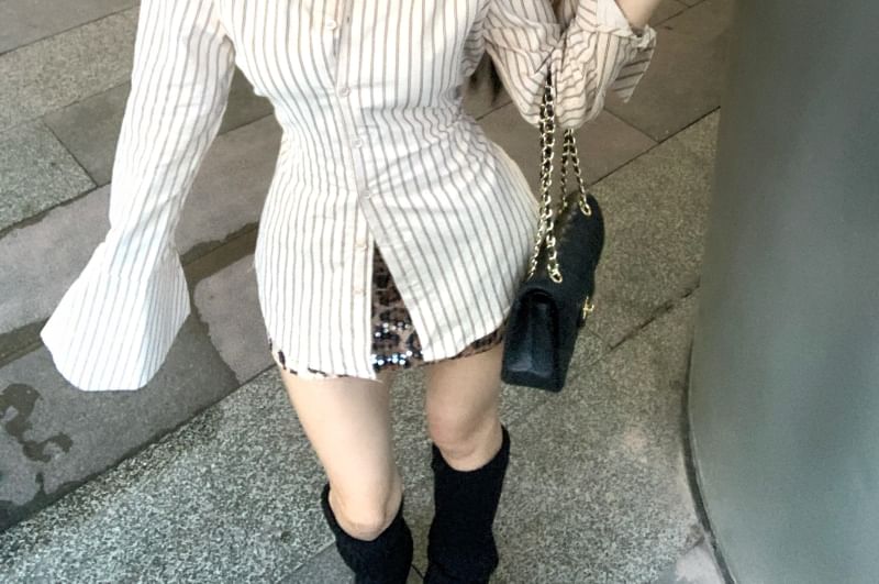 Long-Sleeve Collared Striped Button Up Shirt / High Waist Leopard Print Mini Pencil Skirt