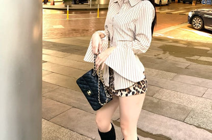 Long-Sleeve Collared Striped Button Up Shirt / High Waist Leopard Print Mini Pencil Skirt