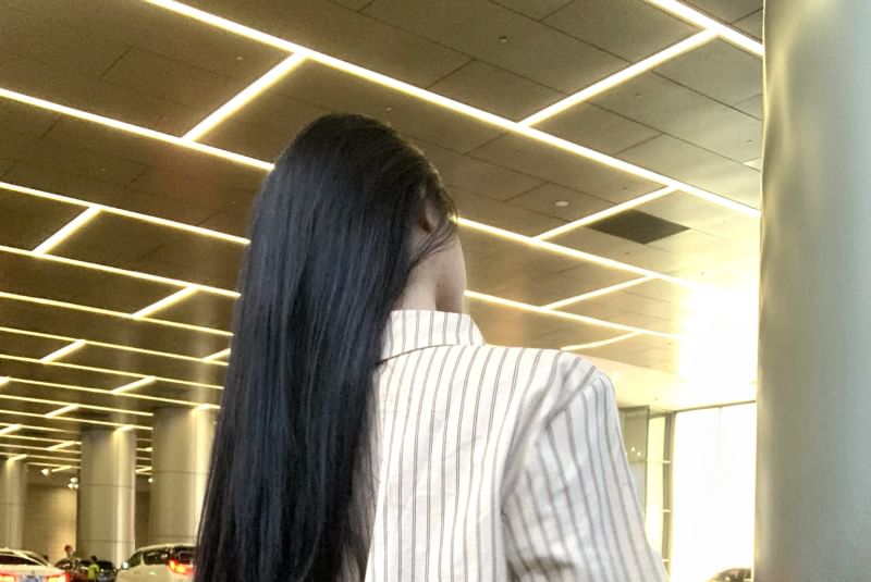 Long-Sleeve Collared Striped Button Up Shirt / High Waist Leopard Print Mini Pencil Skirt