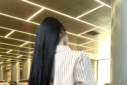 Long-Sleeve Collared Striped Button Up Shirt / High Waist Leopard Print Mini Pencil Skirt