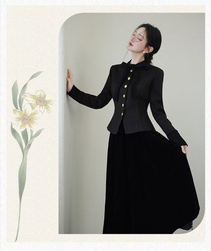 Tie-Neck Button-Up Plain Jacket / High Waist Midi A-Line Skirt / Set
