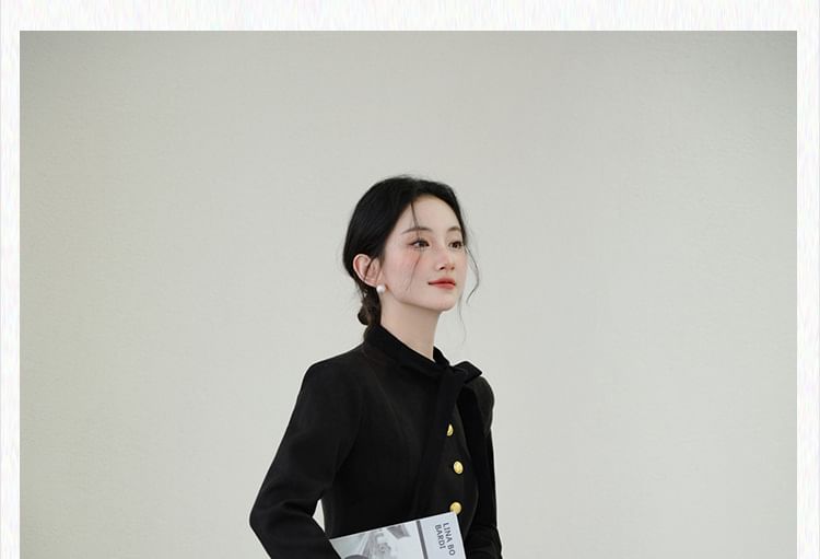 Tie-Neck Button-Up Plain Jacket / High Waist Midi A-Line Skirt / Set