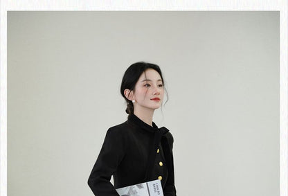 Tie-Neck Button-Up Plain Jacket / High Waist Midi A-Line Skirt / Set