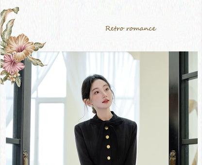 Tie-Neck Button-Up Plain Jacket / High Waist Midi A-Line Skirt / Set