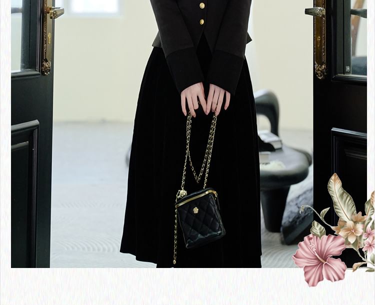 Tie-Neck Button-Up Plain Jacket / High Waist Midi A-Line Skirt / Set