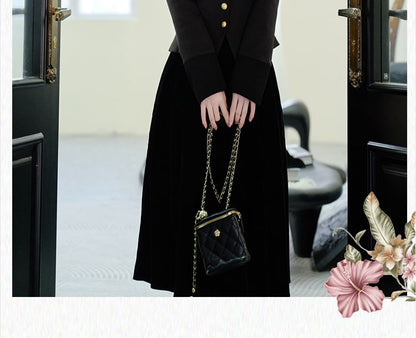 Tie-Neck Button-Up Plain Jacket / High Waist Midi A-Line Skirt / Set