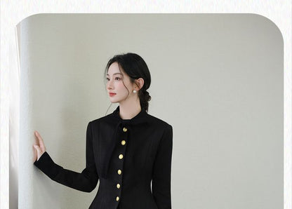 Tie-Neck Button-Up Plain Jacket / High Waist Midi A-Line Skirt / Set