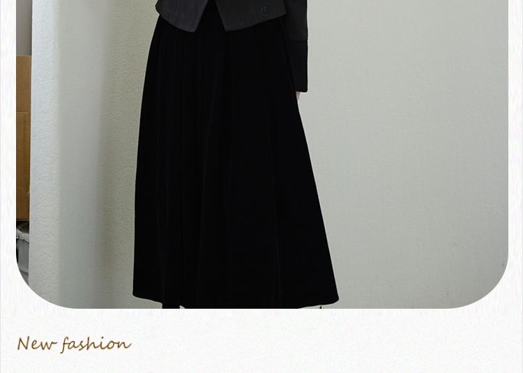 Tie-Neck Button-Up Plain Jacket / High Waist Midi A-Line Skirt / Set