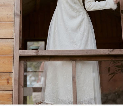 Long-Sleeve Stand Collar Floral Jacquard Sheer Panel Fluffy Trim Maxi A-Line Qipao / Cape