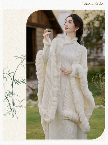 Long-Sleeve Stand Collar Floral Jacquard Sheer Panel Fluffy Trim Maxi A-Line Qipao / Cape