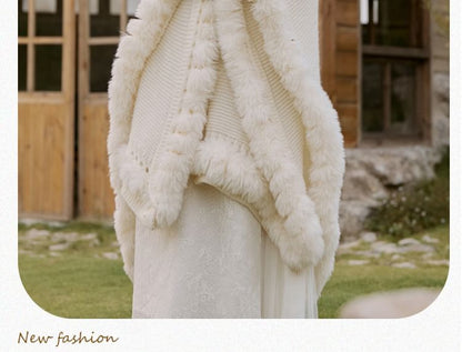 Long-Sleeve Stand Collar Floral Jacquard Sheer Panel Fluffy Trim Maxi A-Line Qipao / Cape