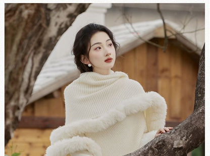 Long-Sleeve Stand Collar Floral Jacquard Sheer Panel Fluffy Trim Maxi A-Line Qipao / Cape