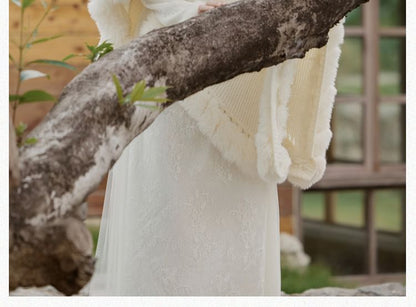 Long-Sleeve Stand Collar Floral Jacquard Sheer Panel Fluffy Trim Maxi A-Line Qipao / Cape