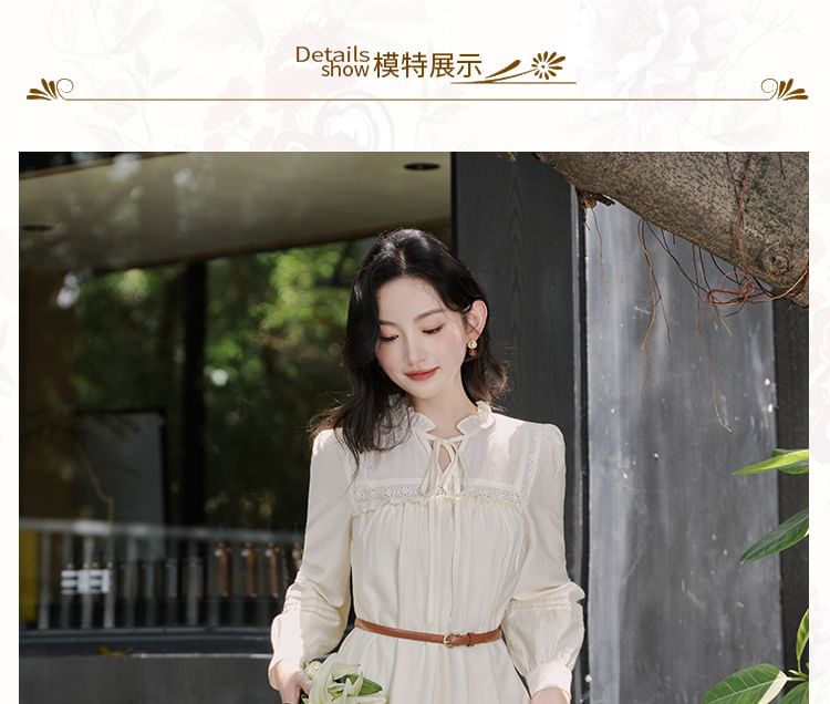 Long-Sleeve Stand Collar Plain Frill Trim Tie Front Midi A-Line Dress / V-Neck Button-Up Crop Vest / Belt / Set