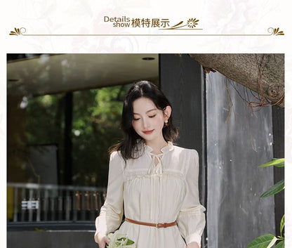Long-Sleeve Stand Collar Plain Frill Trim Tie Front Midi A-Line Dress / V-Neck Button-Up Crop Vest / Belt / Set