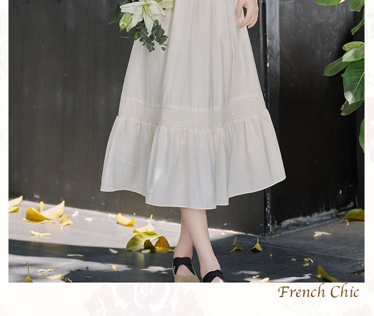 Long-Sleeve Stand Collar Plain Frill Trim Tie Front Midi A-Line Dress / V-Neck Button-Up Crop Vest / Belt / Set