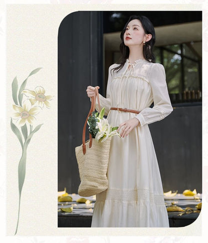 Long-Sleeve Stand Collar Plain Frill Trim Tie Front Midi A-Line Dress / V-Neck Button-Up Crop Vest / Belt / Set