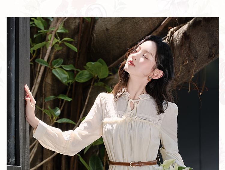 Long-Sleeve Stand Collar Plain Frill Trim Tie Front Midi A-Line Dress / V-Neck Button-Up Crop Vest / Belt / Set