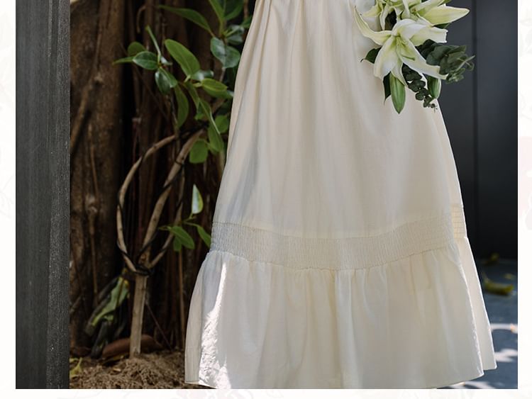 Long-Sleeve Stand Collar Plain Frill Trim Tie Front Midi A-Line Dress / V-Neck Button-Up Crop Vest / Belt / Set