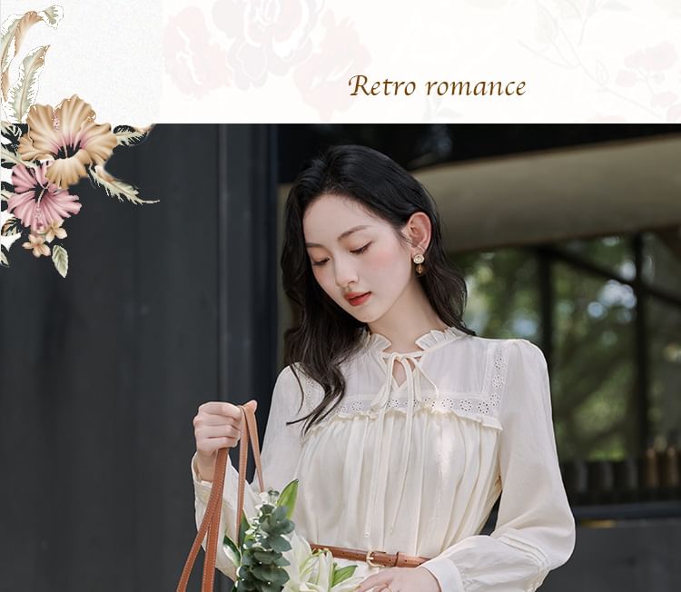 Long-Sleeve Stand Collar Plain Frill Trim Tie Front Midi A-Line Dress / V-Neck Button-Up Crop Vest / Belt / Set