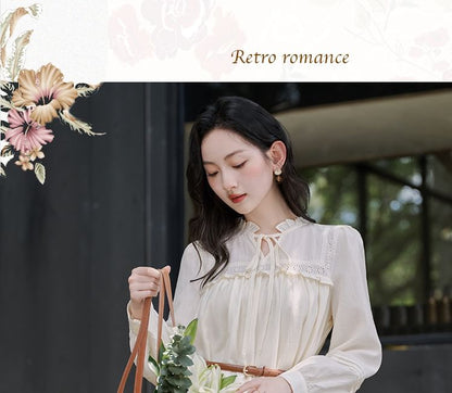 Long-Sleeve Stand Collar Plain Frill Trim Tie Front Midi A-Line Dress / V-Neck Button-Up Crop Vest / Belt / Set