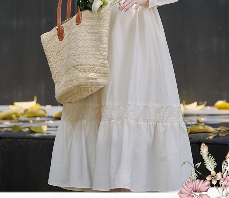 Long-Sleeve Stand Collar Plain Frill Trim Tie Front Midi A-Line Dress / V-Neck Button-Up Crop Vest / Belt / Set