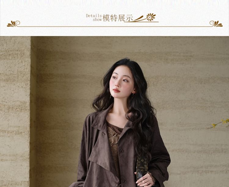 Collared Plain Faux Suede Trench Coat / Mock Two-Piece Long-Sleeve Halter Neck Floral Print Asymmetrical Ruffle Trim Top / High Waist Lace Trim Maxi A-Line Skirt / Set